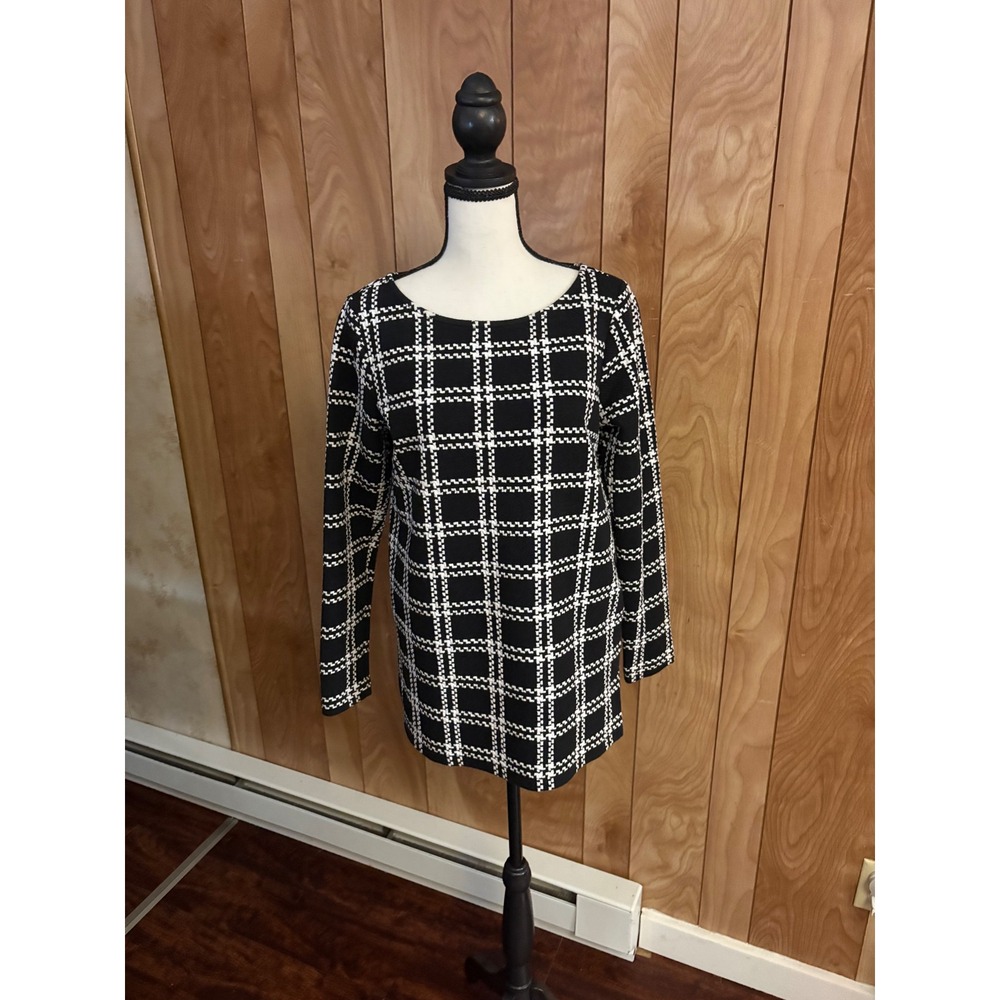 Talbots Womens Small Black White Windowpane Plaid Long Sleeve Tunic Top Knit